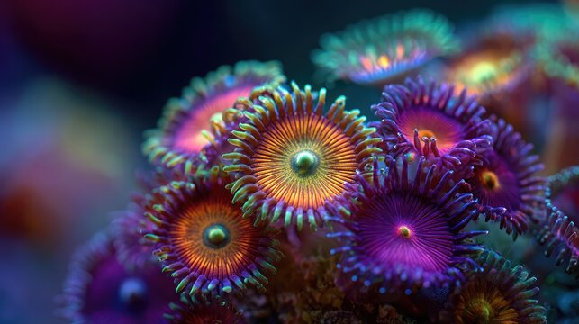 A cluster of vibrant coral polyps showcases a breathtaking array of colors and intricate details. They create an alien-like underwater ecosystem