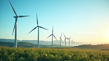 Wind turbines are seen against a backdrop of rolling hills and a blue sky