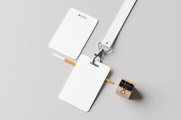 Blank id card mockup with white lanyard on white background. 3d illustration