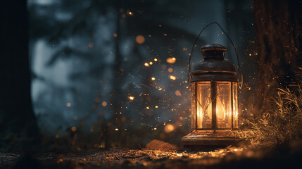 Vintage lantern glowing warmly with flickering flames and sparks, illuminating a dark forest at night