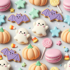Obraz premium Cute Halloween-themed pastries. Ghost pumpkin and bat cookies. Generative AI.