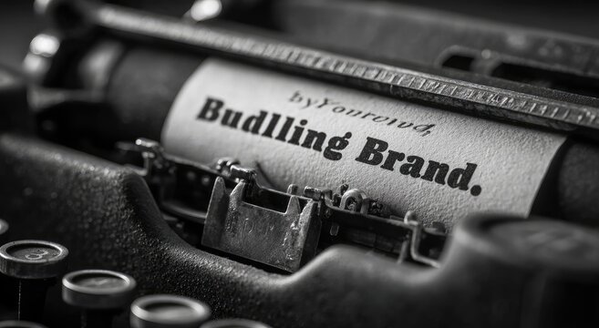 Close-up of vintage typewriter with paper reading "Buddling Brand