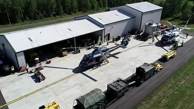 High Angle View Captures a Helicopter Basecamp Under Bright Daylight Featuring Diverse Helicopters Parked Beside White Buildings Maintenance Vehicles And Supply Containers with Green Trees