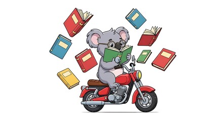 3d Koala riding a motorcycle surrounded by flying books isolated on white background