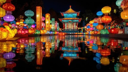 Fototapeta premium festive lanterns illuminate the night, creating a vibrant reflection in the water