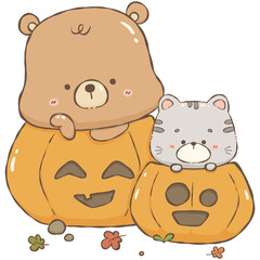 Obraz premium Teddy and kitten in pumpkins 