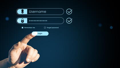 Finger touching virtual login button with username and password fields on digital interface screen over dark background with security icons.