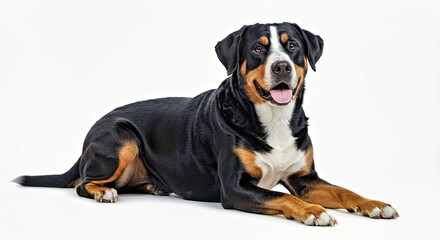 Greater Swiss Mountain Dog with clean lines on a white studio background