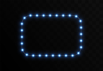 Glowing Blue NEON rectangular Frame LED garlands on a transparent background. Sparkling Christmas lights. Vector glowing garlands for use in design. Overlay design, PNG illustration.
