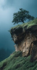 Dramatic cliff face with lone tree, moody sky