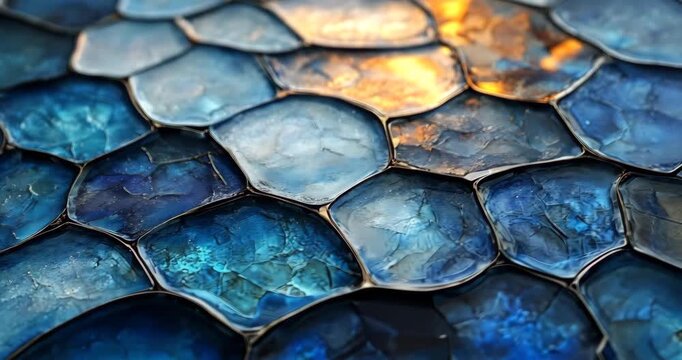 Close-up macro shot of blue reptile scales reflecting golden light, creating an abstract pattern.