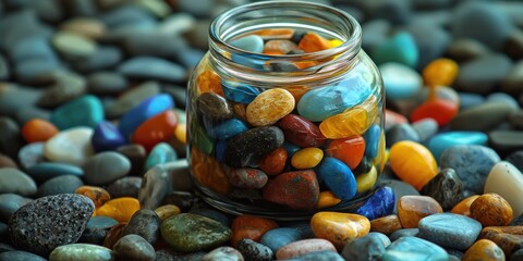 A clear glass jar is filled with a vibrant assortment of colorful pebbles and stones. The jar sits on a bed of smooth, gray pebbles, creating a textured surface.
