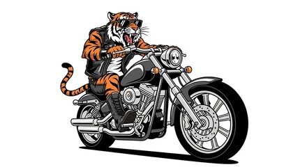 3d Tiger wearing sunglasses and leather jacket riding a motorcycle, isolated on white background