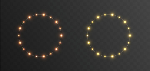 Gold LED garlands on transparent backgrounds. Festive decorative design for Christmas, New Year, and holiday themes. Vector illustration of LED garlands. Web Banners design.