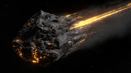 Close-up jagged black meteorite with glowing molten cracks and spark trail flying through space on transparent background