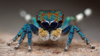 A close-up photo of a vibrant, colorful peacock spider exhibiting its intricate patterns and beauty