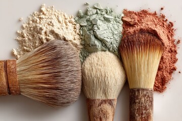 Makeup powders and brushes arranged. 