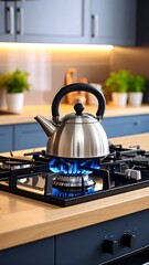 Modern kitchen, kettle on stove