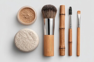 Natural makeup essentials on a white surface.  A light beige powder compact, a round makeup sponge, and several bamboo makeup brushes arranged neatly