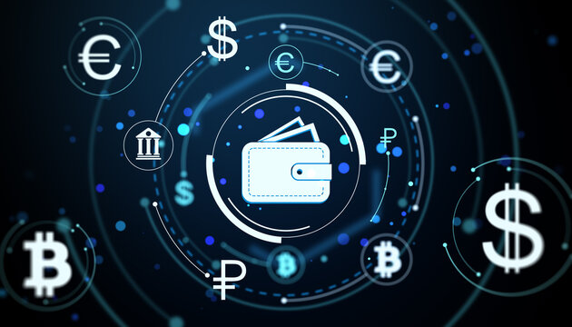 Digital wallet icon surrounded by global currency and crypto symbols on abstract futuristic technology background. 3D Rendering