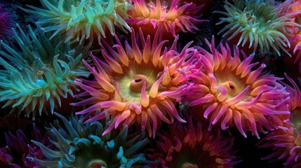 Fototapeta premium a vibrant array of colorful sea anemones in their underwater habitat, with detailed textures and colors