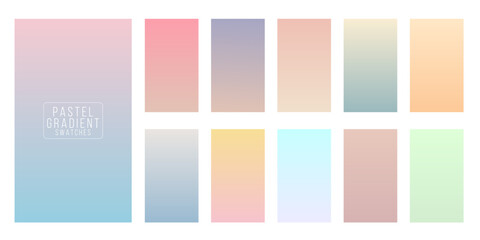 Fototapeta premium Pastel gradient swatches set. Soft color transitions in pink, blue, green, yellow, and peach tones. Collection of smooth vertical gradients for design, UI, or background. Vector illustration