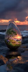A teardrop-shaped glass enclosure, filled with a miniature landscape, sits on dark rocks at sunset.