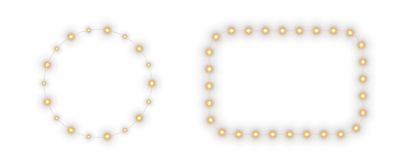 Collection PNG Gold LED garlands on transparent backgrounds. Overlay design for Christmas, New Year, and holiday themes. Vector illustration of LED garlands. Banner.