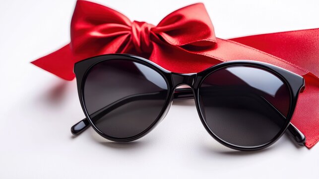 A pair of black sunglasses rests elegantly on a vibrant red satin ribbon, creating a gift-like presentation. The sunglasses have a round frame and dark lenses. The ribbon is tied in a large, luxurious - Powered by Adobe