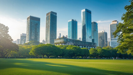 Obraz premium Modern city skyline with urban greenery showcasing environmental responsibility concept