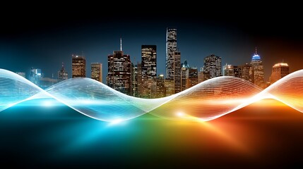 Colorful Sound Waves Over City Skyline at Night with Illuminated Buildings