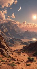 Desert mountain vista at sunrise/sunset.  Crescent moon visible