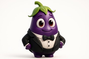 Cartoon eggplant in a tuxedo on a white background.
