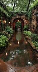 Stone archway, watery path, lush greenery