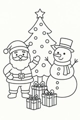 Coloring page for kids and adults, Santa Claus and Snowman.