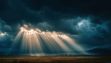 Dark cloudy sky with dramatic sun rays breaking through thick clouds over open flat field landscape during sunset atmosphere