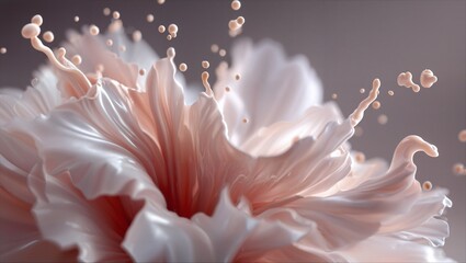 Fototapeta premium Soft pastel pink liquid splash with smooth, flowing waves and droplets suspended in midair against a blurred muted background, artistic and fluid motion freeze frame abstract