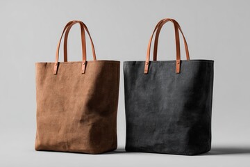 Two neutral-toned tote bags, one tan, one black, with light brown leather handles, sit on a light gray surface