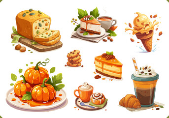 Vector illustration of autumn pumpkin drinks and desserts set with coffee, tea, cookie, cake, bread, cupcakes, ice cream, pumpkin. Vector illustration of fruit autumn dessert on white background