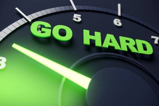 Close-up of illuminated speedometer with green "Go Hard" text on modern black background showing acceleration and energy concept. 3D Rendering