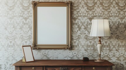 A mockup frame on a vintage wallpapered wall, with an antique wooden desk and a classic lamp adding a nostalgic touch