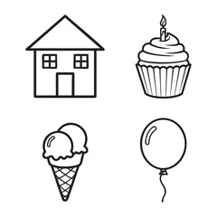 Cute outline set – house, cupcake, ice cream cone, balloon