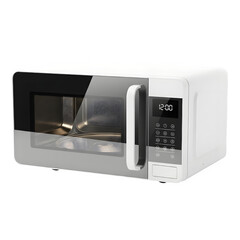 Obraz premium Modern white kitchen microwave oven with digital display and handle isolated on transparent background
