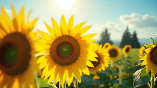 Sunflower field under a bright sky in summer full of vibrant blooms