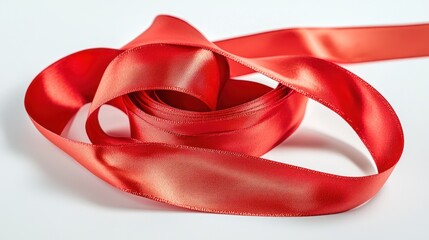 A length of vibrant red satin ribbon is elegantly coiled on a white surface. The ribbon&acirc;&euro;&trade;s smooth, glossy texture reflects light, creating a rich, saturated color. The ribbon is loosely arranged