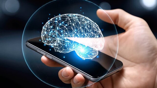 An innovative concept showcasing a human hand interacting with a smartphone displaying a digital brain, symbolizing the integration of technology and human intelligence.