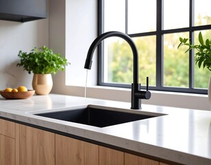Modern kitchen sink with black faucet