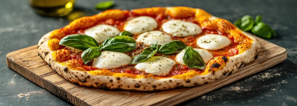 Delicious wood-fired Neapolitan pizza featuring fresh basil and charred crust served on wooden board