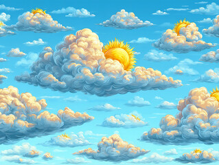 cheerful summer background with scattered cartoon-style clouds and suns on a bright blue sky texture