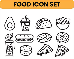 Food and beverages big editable stroke thin line icons set. Fruits, vegetables, nuts, sweets, cheese, diary, meat, seafood, fast food, pastry, seeds, berries, drinks, cakes, meals, vector illustration